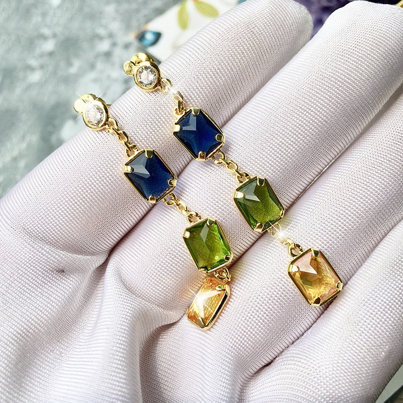 Candy colored irregular cut colored stone long earrings for women