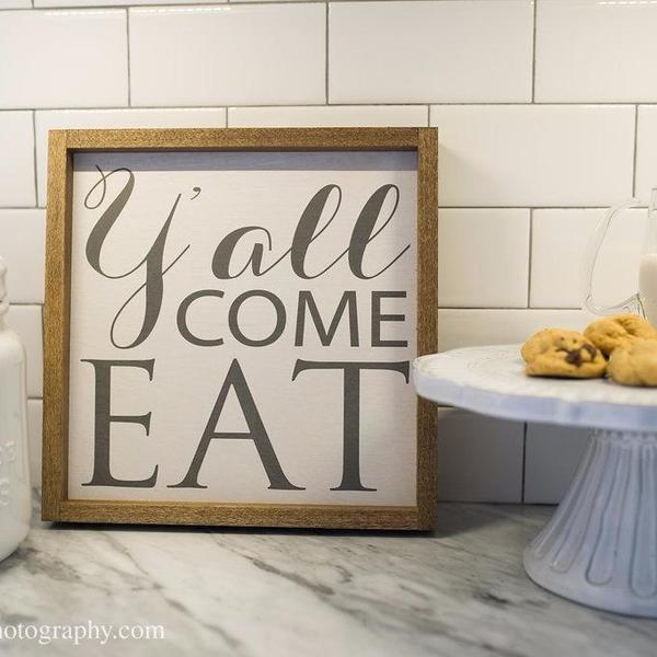 "Y'all Come Eat" Wooden Farmhouse Decor Sign in White Distressed or Walnut Frame