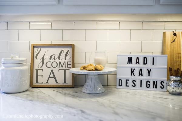 "Y'all Come Eat" Wooden Farmhouse Decor Sign in White Distressed or Walnut Frame