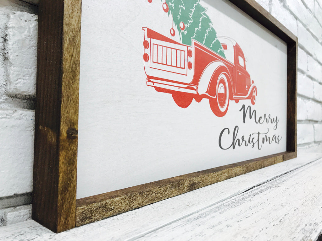 "Merry Christmas" Wooden Sign of Red Truck