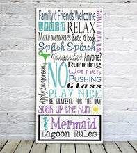 Load image into Gallery viewer, Personalized Pool Rules Last Name MDO Mermaid Lagoon Sign